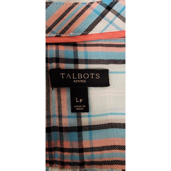 Talbots Plaid Blue/Peach Roll-Tab Sleeve Button Down Shirt Size LP - Picture 7 of 8